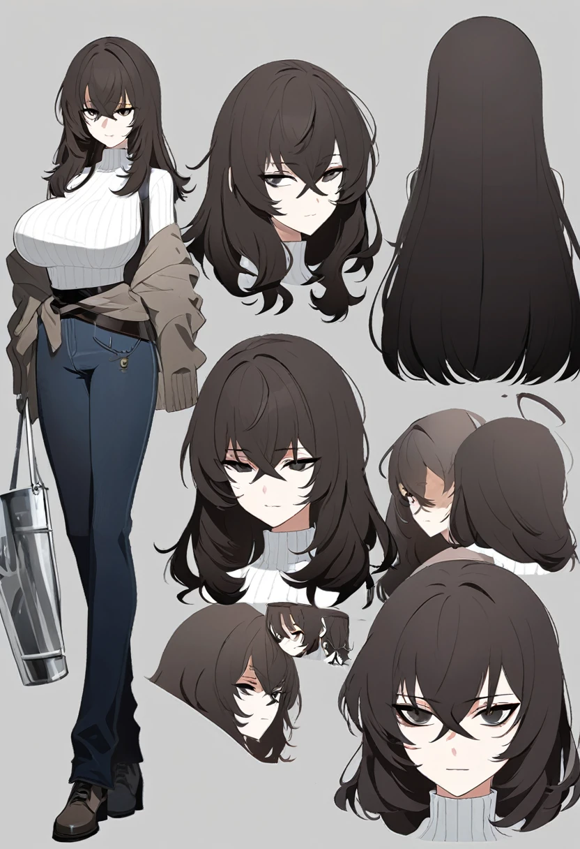 One Woman,Downer,older sister,Concept Art,Dark brown hair,Straight hair with slight inward curls,Staring eyes,Eye Ridge,black eye,Crossed bangs,whole body,smile,Larger breasts,Gray background,Bangs that reach down to the eyes,Messy hair,Perfect dark jeans,White turtleneck sweater,Multiple views of the same character,Character Design,Dark circles under the eyes,Bad look,Listless,Sloppy,accessories,Arknights Wind,Cafe staff,Holding a cigarette,whole bodyCharacter Design,cardigan,