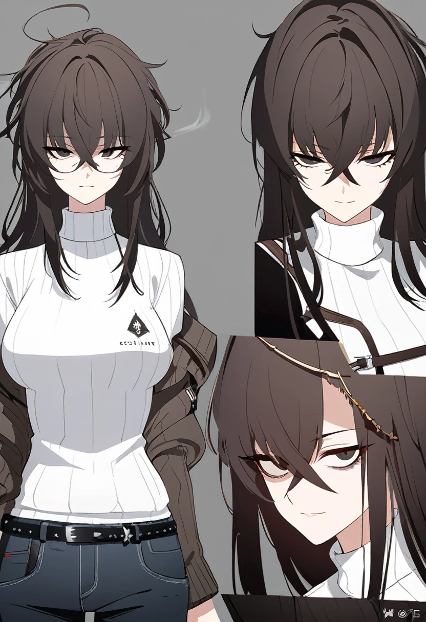 One Woman,Downer,older sister,Concept Art,Dark brown hair,Straight hair with slight inward curls,Staring eyes,Eye Ridge,black eye,Crossed bangs,whole body,smile,Larger breasts,Gray background,Bangs that reach down to the eyes,Messy hair,Perfect dark jeans,White turtleneck sweater,Multiple views of the same character,Character Design,Dark circles under the eyes,Bad look,Listless,Sloppy,accessories,Arknights Wind,Cafe staff,Holding a cigarette,whole bodyCharacter Design,cardigan,