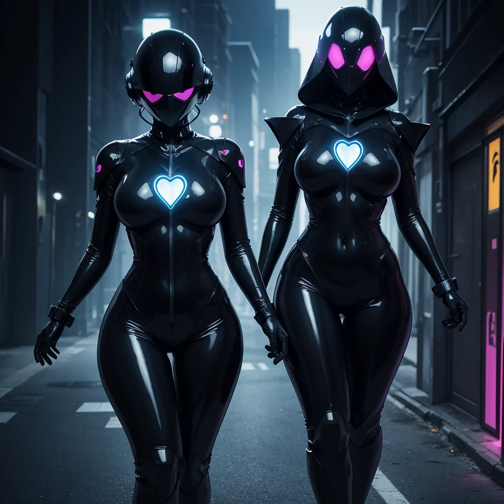 Dronificated unknown woman in a fully enclosed black latex fullbody suit with black lights across the suit and heart shaped glowing core in the chest, fully enclosed cyber helmet that cover her whole face and hides her identity with only two glowing black lines in it's otherwise, empty black face, huge breast, narrow waist, wide hips and thick thigs, walking down a street, no face, no hair, no mouth, no eyes