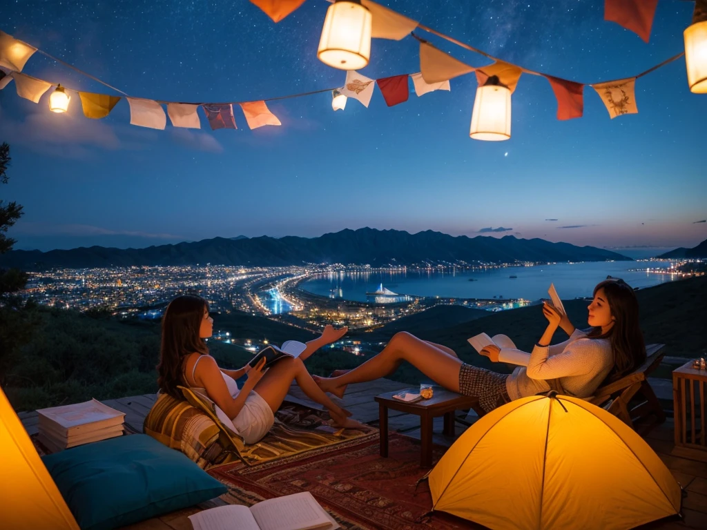 camp、Woman sitting、reading、Ajillo、night、Spectacular views