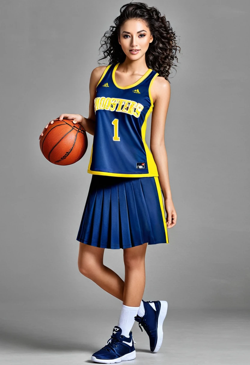 Create a women's uniform in a modern style for a basketball team. The colors must be light blue, navy blue and yellow, there must be a large low-cut tank top and a mini skirt.