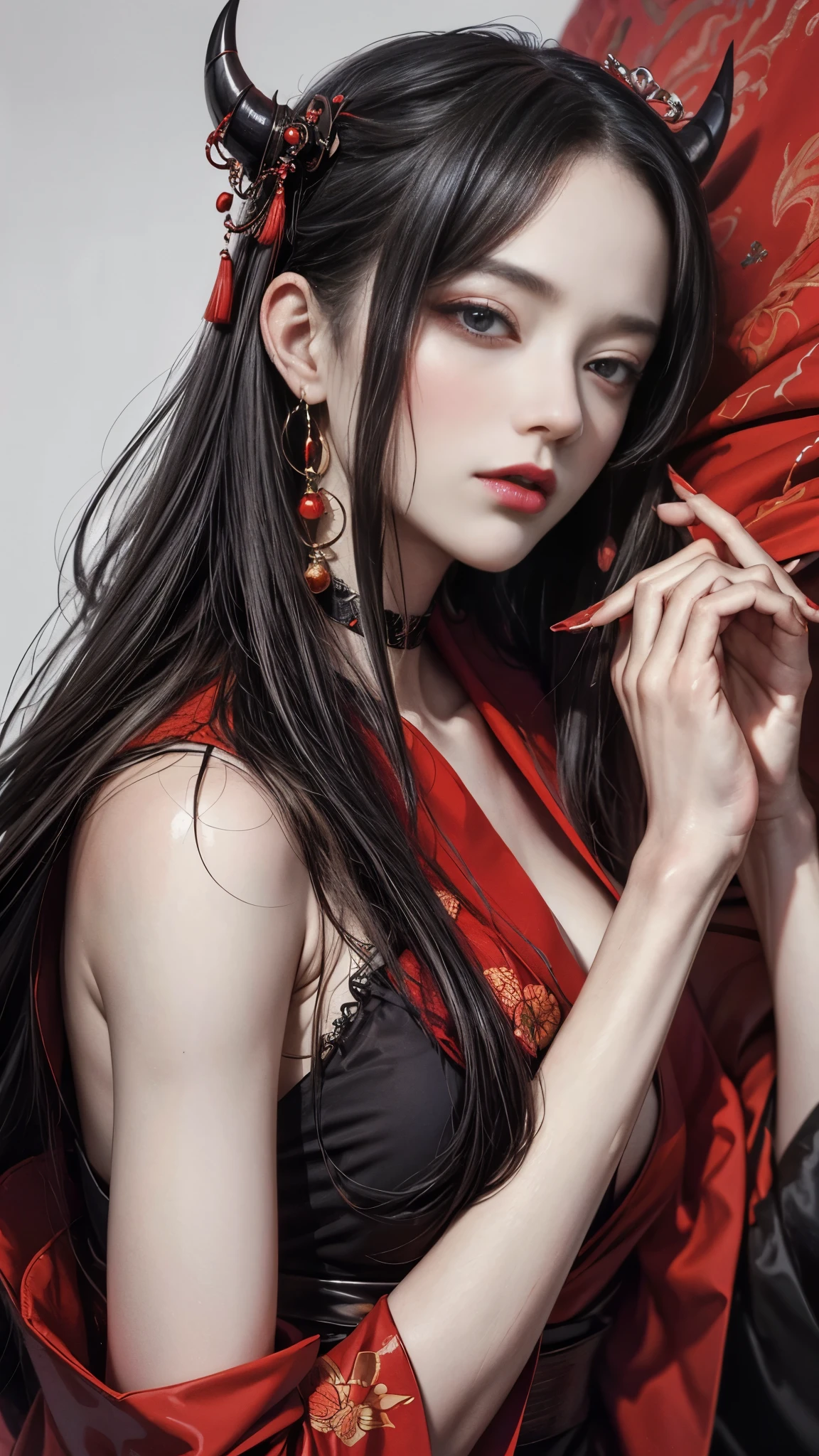 Beautiful devil painting, Beautiful black haired demon, Beautiful red kimono, Oiran, The highest ranking prostitute, Ghost Girl, Female Yakuza, Inspired by Chen Yifei, Works that influenced Francesco Hayes, Inspired by Hendrik Terbruggen, Jean=Works that influenced Auguste Dominique Ingres, Inspired by Liu Jun, Jean=Works that influenced Auguste Dominique Ingres, highest quality, The perfect angle, Perfect composition, Best Shot, Official Art, Cinematic Light, Figurative art, Beautiful and expressive paintings, Beautiful artwork illustration, wonderful, Cool Beauty, clear, Mysterious, highest quality, Official Art, Perfect composition,The perfect angle, Best Shot, women only, Sharp contours, pretty much beautiful face, demon of kyoto, Demon King, A cold and ruthless devil woman, demon queen, Female Yakuza, wide, Rashomon, close