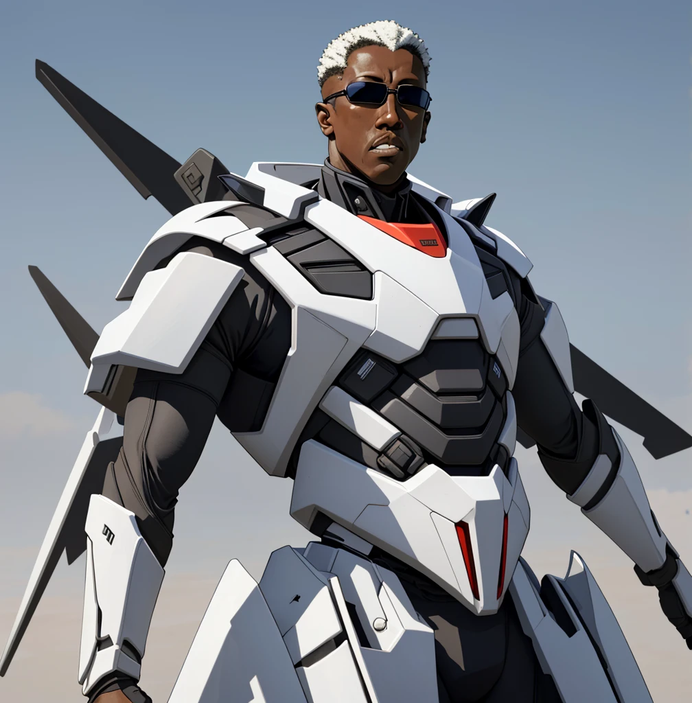 Wesley Snipes as Michael, the Right Hand of the Creator. Co-Leader of the Archangels, A crack squad of futuristic and highly technically advanced warriors. Ancient, but not old. Powerful, IN a white and black winged exo-mecha suit, tight fitting, open faced, with futuristic white shades on
