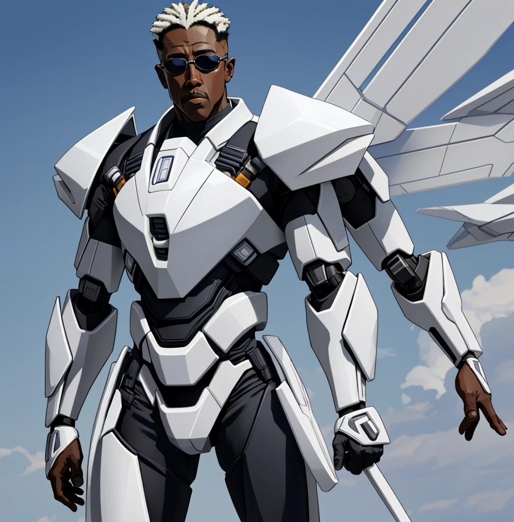 Wesley Snipes as Michael, the Right Hand of the Creator. Co-Leader of the Archangels, A crack squad of futuristic and highly technically advanced warriors. Ancient, but not old. Powerful, IN a white and black winged exo-mecha suit, tight fitting, open faced, with futuristic white shades on
