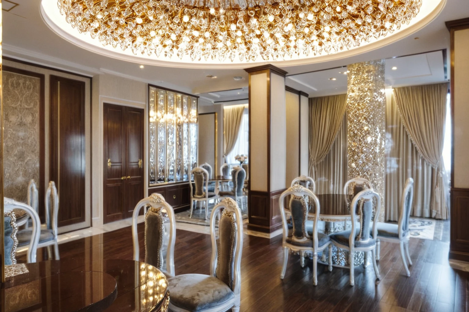 ,Masterpiece, Best quality,8K, Ultra-high resolution,When you step into the dinning room of restaurant room,Immediately surrounded by a rich atmosphere of luxury。Ornate crystal chandeliers hang high on the wall,Shine brightly。the space  was covered with a soft white fluffy blanket,It is so comfortable,So much so that you can't help but indulge in it。Embellished with precious porcelain and white-off gold ornaments。Whenever it is late afternoon,The afterglow from the window spilled on the floor,Soft light and shadow are reflected,It was as if entering a dreamland. ((Wooden chair and table : 1.3)), MIRROR COVER THE COLUMN