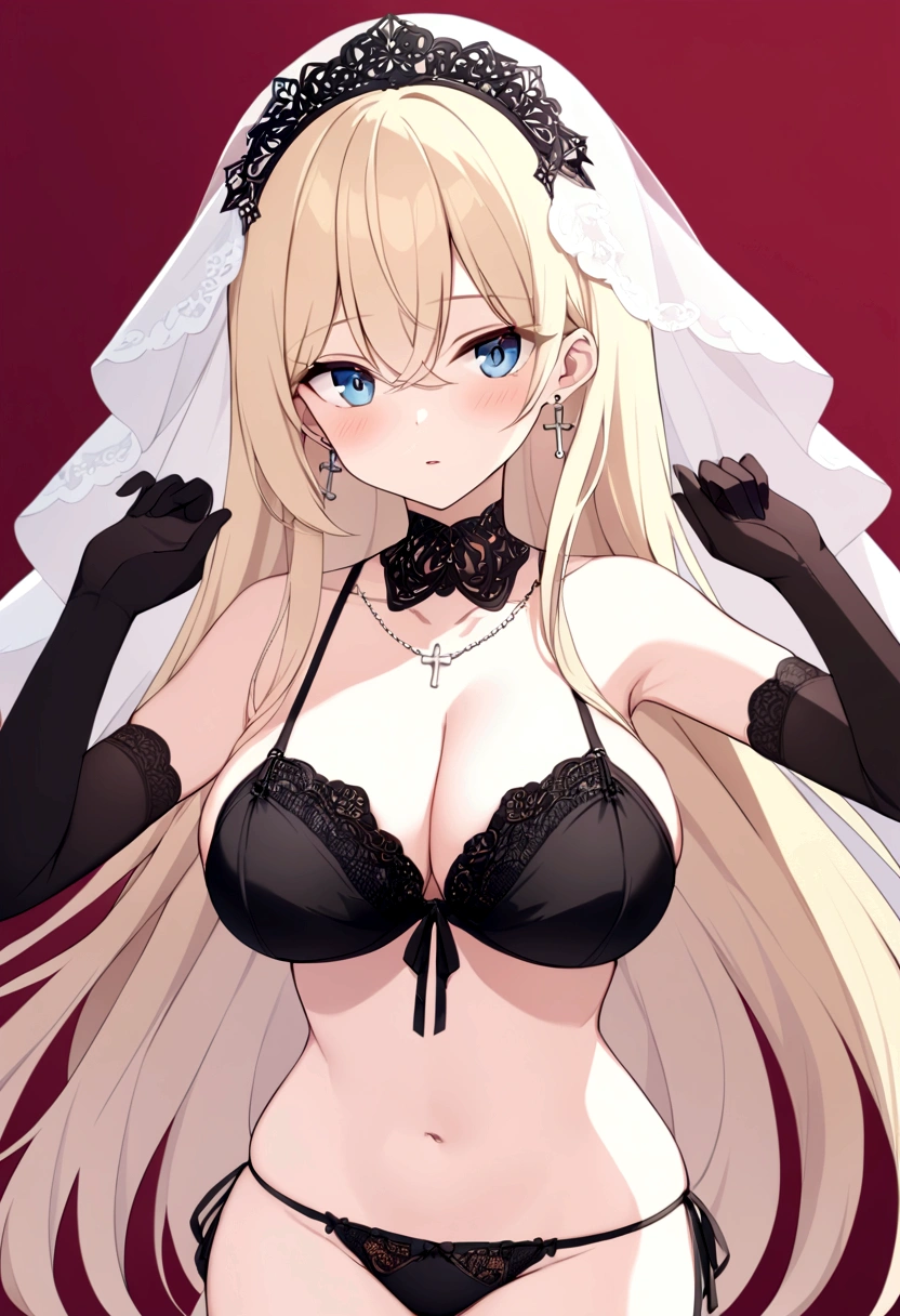 slender, mature female, 1girl, veil, gloves, breasts, jewelry, long_hair, blonde_hair, earrings, cross, blue_eyes, solo, black_gloves, navel, underwear, rating:safe, elbow_gloves, cleavage, looking_at_viewer, large_breasts, bare_shoulders, panties, cross_earrings, red_background, stomach, bridal_veil, choker, blush, very_long_hair, collarbone, black_panties, necklace, hair_between_eyes, eyebrows_visible_through_hair, bangs, sidelocks, see-through, black_bra, lingerie, bra, parted_lips, cross_necklace, lace, hands_up, headdress, side-tie_panties, hand_up, bow, cowboy_shot, detached_collar, hair_ornament, upper_body, straight_hair