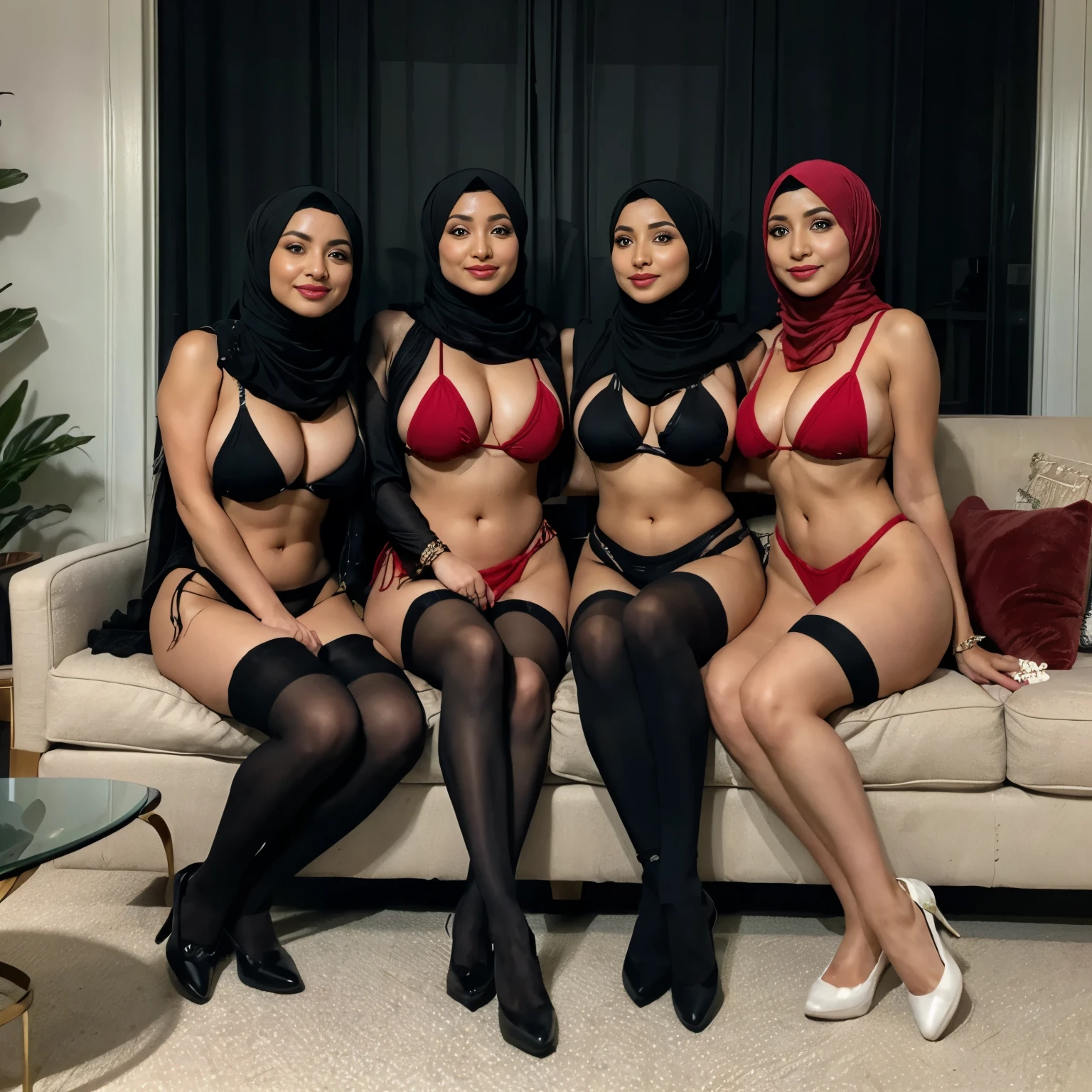 ((three women)),(double exposure),in an empty chamber, doors, arabic caligraphy, indoor, walls, ((three matures glamorous busty curvy fit body shapes hijabi muslim moms in ((daring micro bikinis)) ((sit side by side on a sofa)), each 35 years old with, their ((black hijabs)) perfectly coiffed and their heads adorned with flawless makeup. Their eyes were enhanced with expertly applied eye shadow, eye liner, and luxurious lashes that fluttered with every blink. ((sleeveless)), bare shoulders, ((all wearing stockings)),(open legs), ((similar heights)), ((similar body proportions)), (SFW), (all wore stockings)) (wide hips),(all wore black hijabs),(wedding veils),(hourglass figures),wide hips, (black hijabs) high detail, depth of field, film grain, UHD, retina, masterpiece, ccurate, anatomically correct, textured skin, super detail, high details, high quality, award winning, best quality, highres, HD, 8k, 1080P,