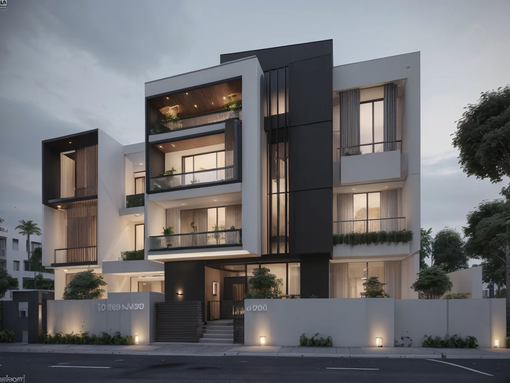 [modern Office house with a courtyard and 03 floors], high quality rendering, award-winning render, award winning render, Lumion render, professional render, architectural render, render to resolute perfection, exterior design, architectural visualization, architecture render, modern architecture design, inter dimensional villa, architectural 3d render, realistic CGI render, black and white color, dark color, wide 20m, deep 18m, heigh 11,5m, ([03 floors]), IOS 1600