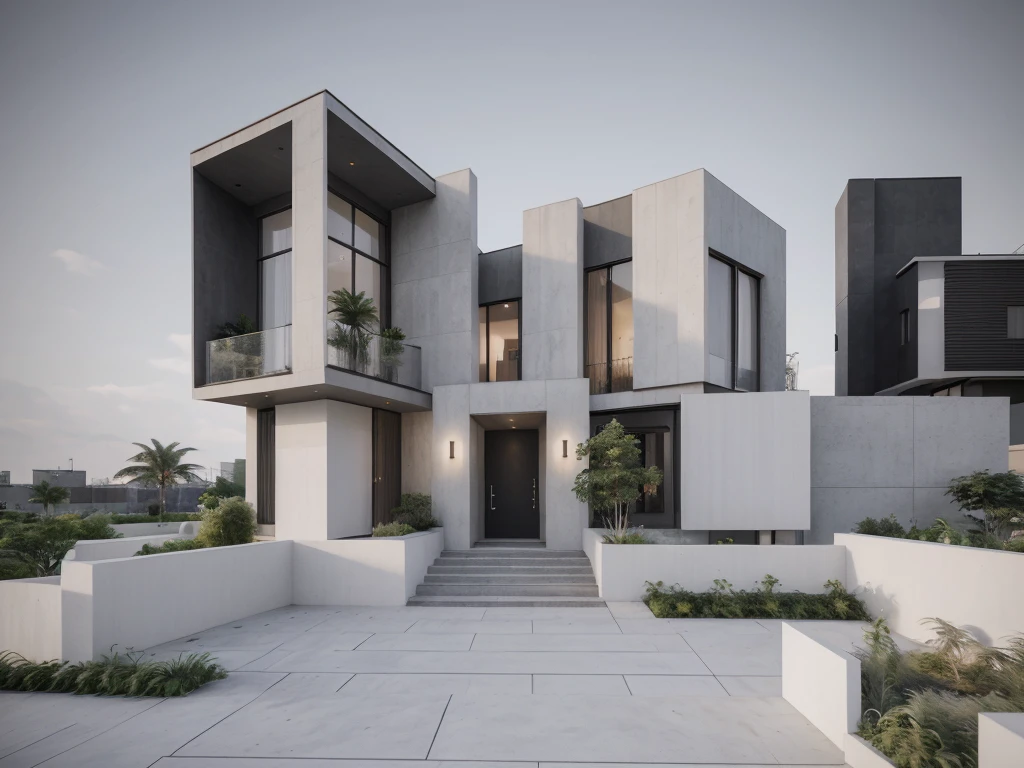 [modern Office house with a courtyard and 03 floors], high quality rendering, award-winning render, award winning render, Lumion render, professional render, architectural render, render to resolute perfection, exterior design, architectural visualization, architecture render, modern architecture design, inter dimensional villa, architectural 3d render, realistic CGI render, black and white color, dark color, wide 20m, deep 18m, heigh 11,5m, ([03 floors]), IOS 1600