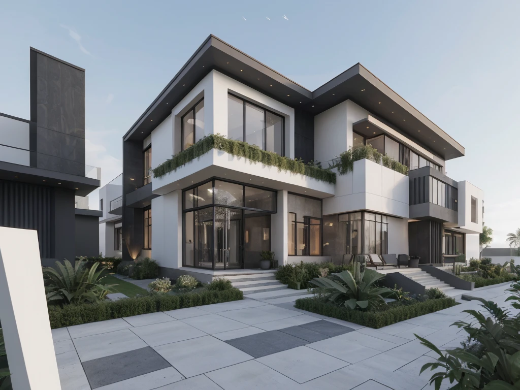 [modern Office house with a courtyard and 03 floors], high quality rendering, award-winning render, award winning render, Lumion render, professional render, architectural render, render to resolute perfection, exterior design, architectural visualization, architecture render, modern architecture design, inter dimensional villa, architectural 3d render, realistic CGI render, black and white color, dark color, wide 20m, deep 18m, heigh 11,5m, ([03 floors]), IOS 1600