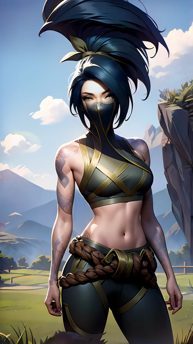 sky, field, grass, Akali, I look at the viewer, League of Legends, a high resolution, 1 Girl, face detail, very detailed, Fine detail, press, arm tattoo, bang, blouse, breast, green shirt, hair between eyes, thigh vent, long bang, long hair, a mask, life, Ninja, ponytail, rope belt, waist bag, shirt, One, stomach tattoo, tattoo