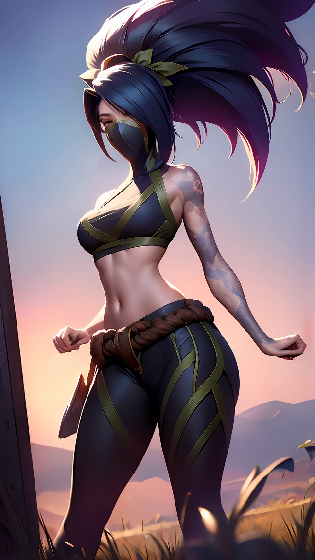 sky, field, grass, Akali, I look at the viewer, League of Legends, a high resolution, 1 Girl, face detail, very detailed, Fine detail, press, arm tattoo, bang, blouse, breast, green shirt, hair between eyes, thigh vent, long bang, long hair, a mask, life, Ninja, ponytail, rope belt, waist bag, shirt, One, stomach tattoo, tattoo