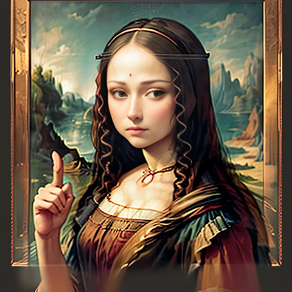 raw photo , 8K, ultra detailed, (amime, manga:1.2), (mona lisa), (round face),(chubby:1.0),(finger to finger:1.3)