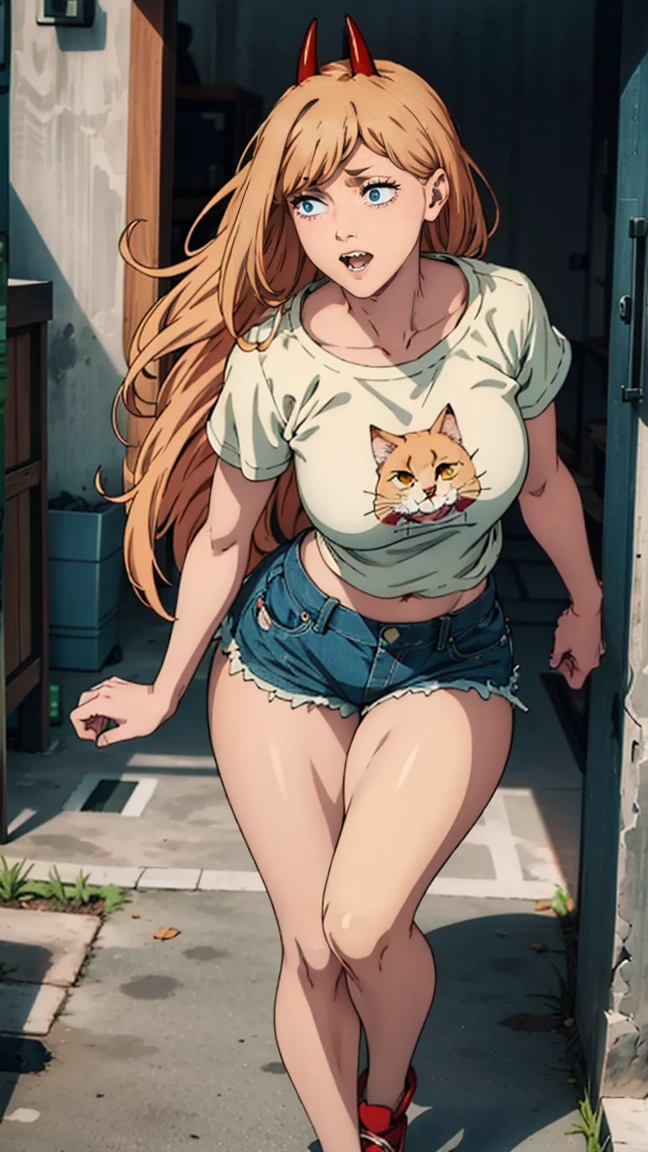 ultra sharp image, beautiful figure, Beautiful, full length (full body 1.1.), slender legs, , slender legs, Wasp waist, erotica,ose, Moutpen in a smile, sharp teeth, laughing, yellow eyes, Ultra detailed face, Ultra transparent, Chainsaw Man Energy, Two red sharp horns on the head, ultra sharp image, very beautiful, long hair, blonde, beautiful figure, tight clothes, T-shirt with the image of a cat, denim shorts, shoes, Red crosses and circles instead of pupils, Beautiful body, sexy clothes, beauul eyes, very detailed eyes, Very detailed face, Beautiful body, Chereter Design, Very detailed, detailed body, detailed hands, detailed, Bright, detailed Face, sharp focus, clap, Artgerm, Anime art, Bright, detailed Face, Hugh Details, sharp focus, Very downcast face, detailed eyes, Super lovely illustration, best shadow, finely detail, beautiful detail