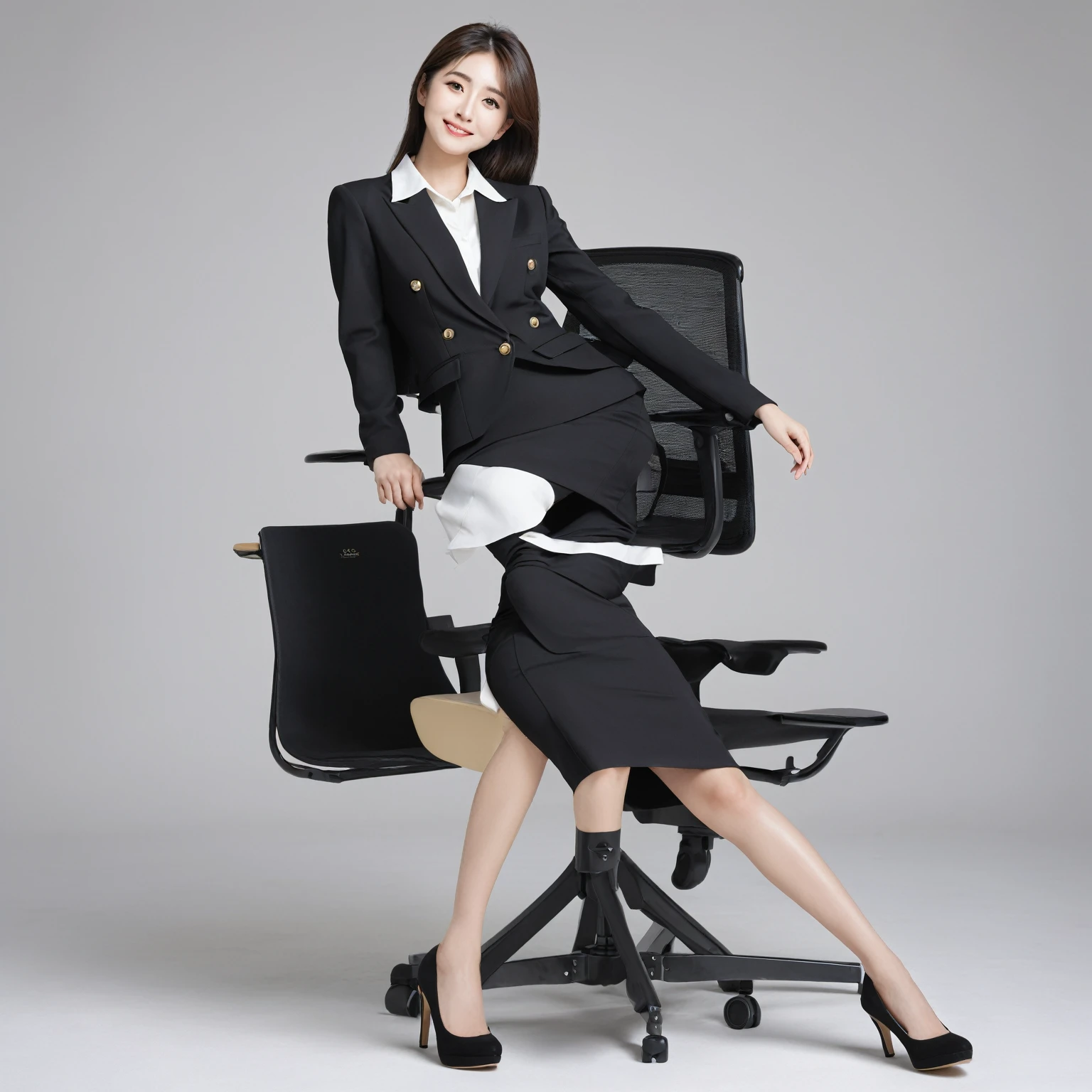 One girl, black suit and tight skirt, (Masterpiece), (Realistic), (Ultra fine), (beautiful), White background, Professional Lighting, (highest quality, 8k,masterpiece), とてもbeautiful面長顔, Japanese Model, Ultra HD, (Photorealistic:1.1), RAW Photo, Big eyes, Black brown hair, seat, seat全身, Smile, Full body photo, desk, Cheek support