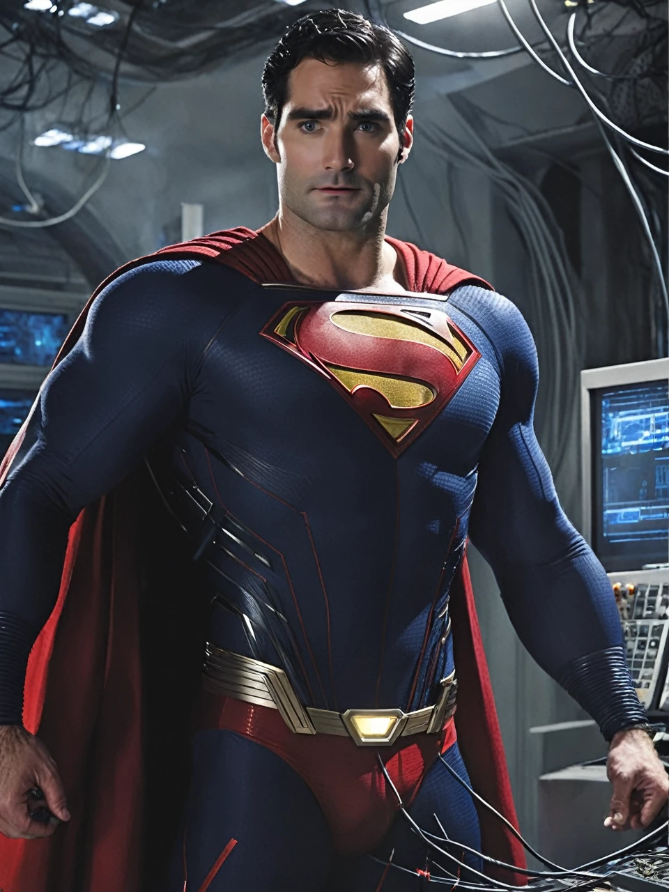 tyler hoechlin wearing classic Superman costume & tight red bikini briefs, is strangled & intruded by thick electric cables, struggling, exhausted, helpless. many electric wires & a hi-tech round electronic gadget is attached on superman’s big erected crotch & bulge is being drained, being assimilated into a supercomputer. trapped inside a futuristic lab.