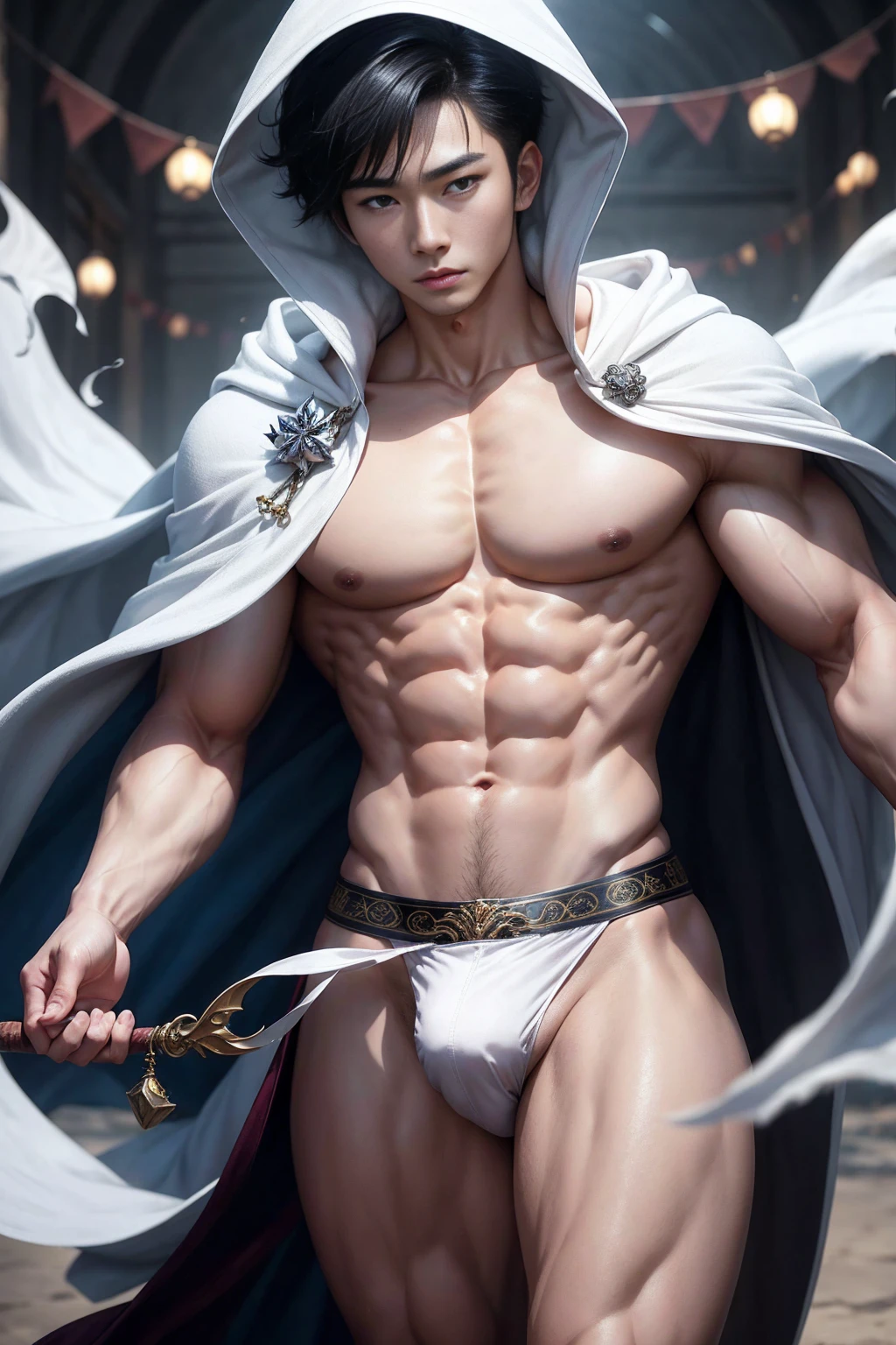 realistic, masterpiece, intricate details, detailed background, depth of field, muscular, Photo of a handsome Korean magician, (Young Korean man looking like a K-pop idol), 25 years old, (white and short hair), voluptuous crotch, windy spell, sorcerer, wearing a long hooded cloak, sexy muscular, wearing a thong, pectoral focus,windymaniac, white skin, pale