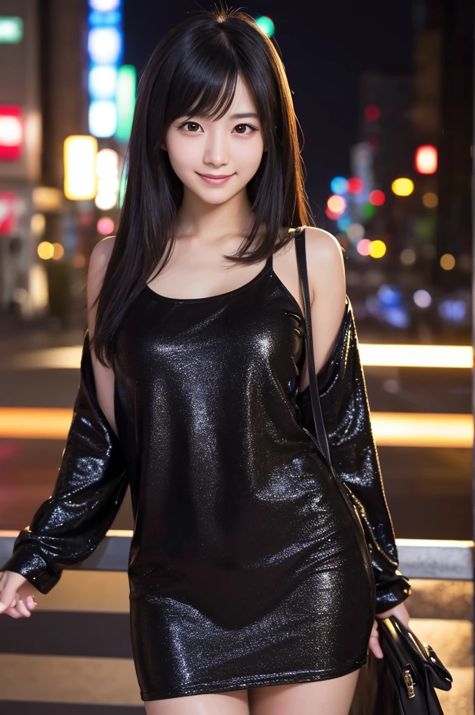最high quality,Very detailed,finely,High resolution,8k wallpaper,Perfect dynamic composition,Young Japanese Woman,Age 25, Black Hair, thin, 4K, 8k, high quality, beauty, smile, Beautiful Eyes, Characterized by simplicity, High resolution,1 person,Japanese Idols,Urban Background,A glittering night view,Revealing clothing,Gorgeous