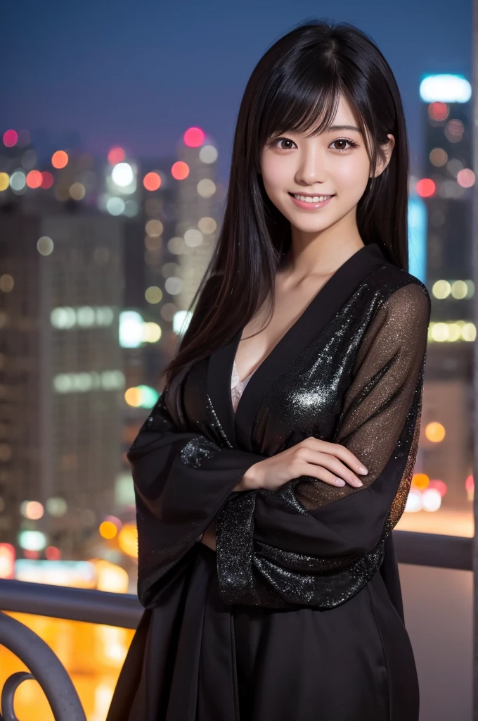 最high quality,Very detailed,finely,High resolution,8k wallpaper,Perfect dynamic composition,Young Japanese Woman,Age 25, Black Hair, thin, 4K, 8k, high quality, beauty, smile, Beautiful Eyes, Characterized by simplicity, High resolution,1 person,Japanese Idols,Urban Background,A glittering night view,Revealing clothing,Gorgeous