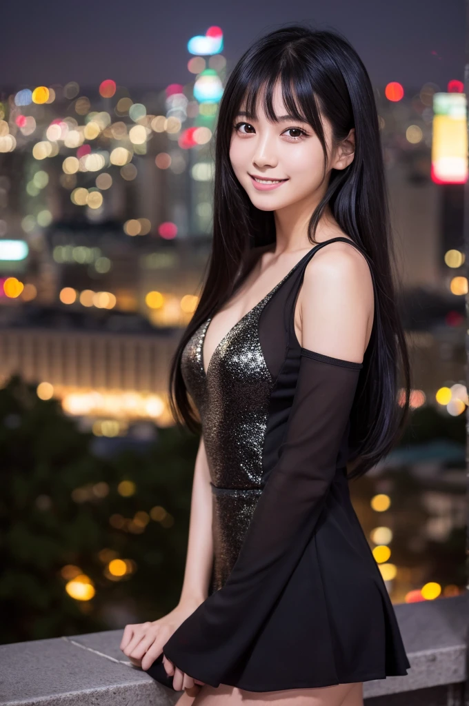 最high quality,Very detailed,finely,High resolution,8k wallpaper,Perfect dynamic composition,Young Japanese Woman,Age 25, Black Hair, thin, 4K, 8k, high quality, beauty, smile, Beautiful Eyes, Characterized by simplicity, High resolution,1 person,Japanese Idols,Urban Background,A glittering night view,Revealing clothing,Gorgeous