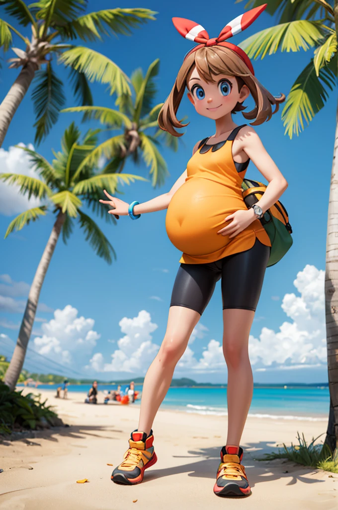 pkmnmay, blue eyes, brown hair, bangs, hair ribbon, red hairband,red tank top, white shorts, black bike shorts, bike shorts under shorts, bracelet, shoes, looking at viewer, smiling, full body shot, standing, outside, beach, palm trees, sunny, high quality, masterpiece, hyper-pregnant 