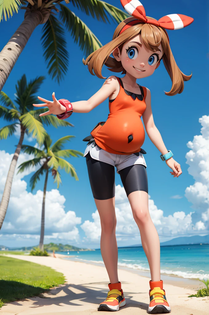 pkmnmay, blue eyes, brown hair, bangs, hair ribbon, red hairband,red tank top, white shorts, black bike shorts, bike shorts under shorts, bracelet, shoes, looking at viewer, smiling, full body shot, standing, outside, beach, palm trees, sunny, high quality, masterpiece, hyper-pregnant 