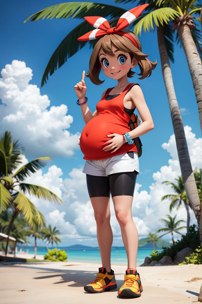 pkmnmay, blue eyes, brown hair, bangs, hair ribbon, red hairband,red tank top, white shorts, black bike shorts, bike shorts under shorts, bracelet, shoes, looking at viewer, smiling, full body shot, standing, outside, beach, palm trees, sunny, high quality, masterpiece, hyper-pregnant 