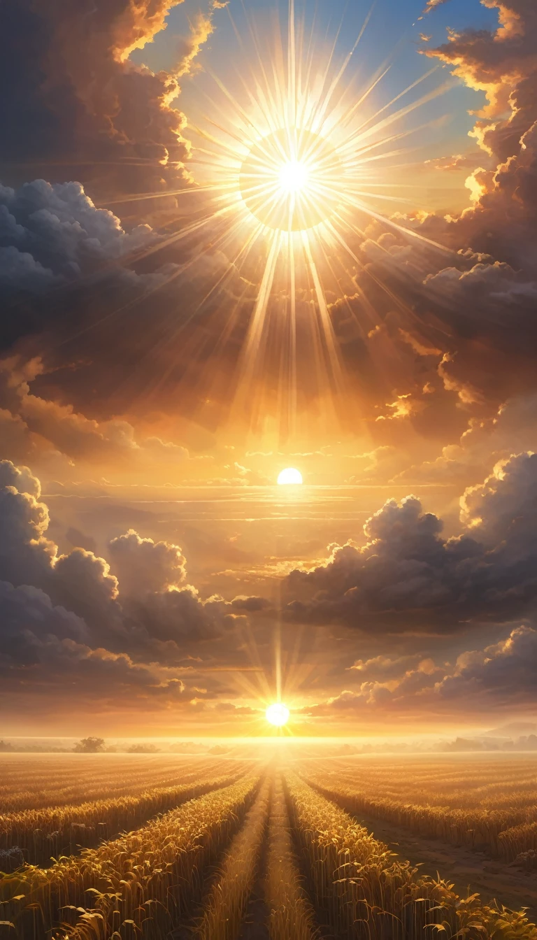 high quality, masterpiece, extreme detail, highly detailed, best quality, gigantic radiant holy sun surrounded by clouds, dawn, the last (sunrise:1.2) illuminating a shaded valley, plains, field, black, white, golden, black fog, focus on sky, semi-realistic,