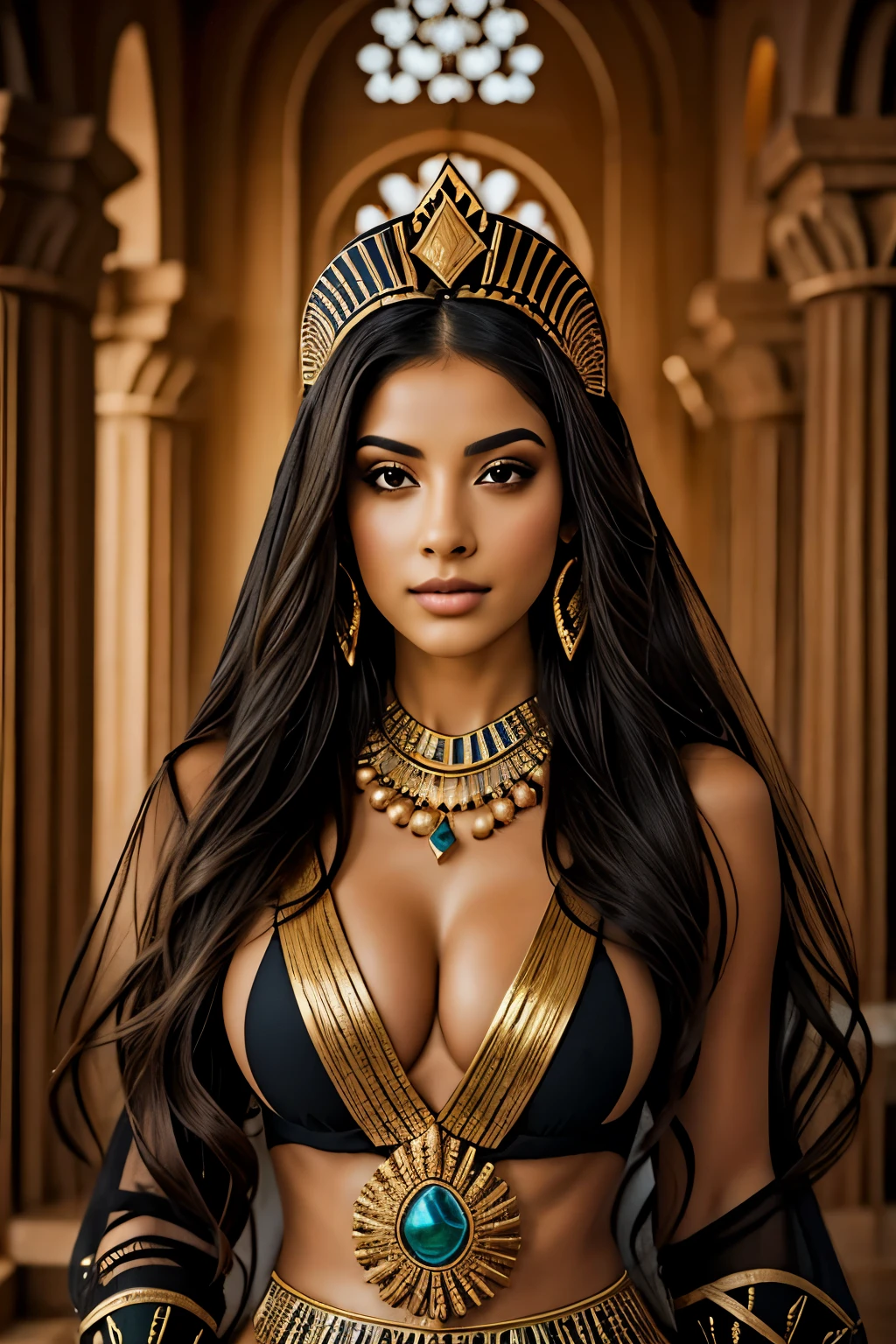 Facing the viewer is a very beautiful 23-year-old Egyptian goddess with a goddess body., piel de porcelana, labios guroesos, nariz pefecta, ojos verdes muy llamativos, cabello negro lleva un outfit insparado en la mitologia egipcia , con detalles en piedras preciosas, joyas en color oro , cabello negro, lleva en sus brazos un gato egipcio color negro con un pelaje muy suave, ellos se encuentran de pie en el que parece ser la entrada a un templo egipcio se alcanzan a mirar las columnas y la arquitectura perfecta del luga, la mejor calidad, detalles realistas, iluminacion cinematografica,