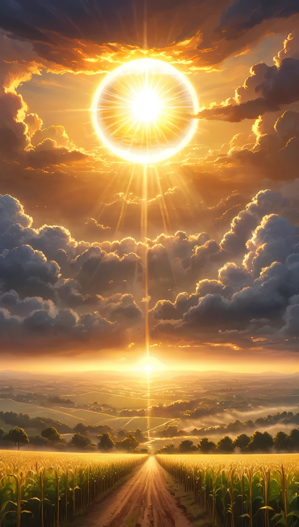 high quality, masterpiece, extreme detail, highly detailed, best quality, 
gigantic radiant holy sun surrounded by clouds, dawn, the last (sunrise:1.2) illuminating a shaded valley, plains, field, black, white, golden, black fog, focus on sky,
semi-realistic,