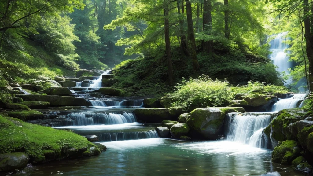 A grand piano placed near a stream flowing from a waterfall、White splashes are rising、In the forest of fresh greenery、A big black grand piano placed by the river、Makoto Shinkai-style anime illustrations