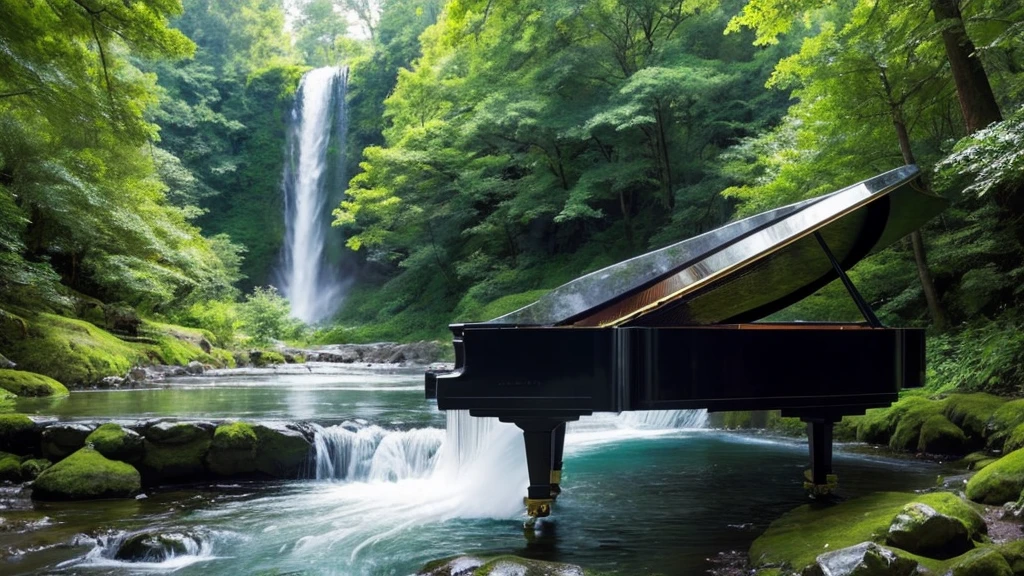 A grand piano placed near a stream flowing from a waterfall、White splashes are rising、In the forest of fresh greenery、A big black grand piano placed by the river、Makoto Shinkai-style anime illustrations
