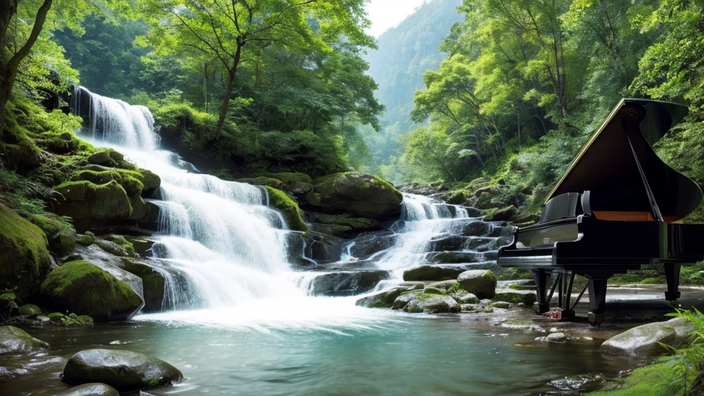 A grand piano placed near a stream flowing from a waterfall、White splashes are rising、In the forest of fresh greenery、A big black grand piano placed by the river、Makoto Shinkai-style anime illustrations