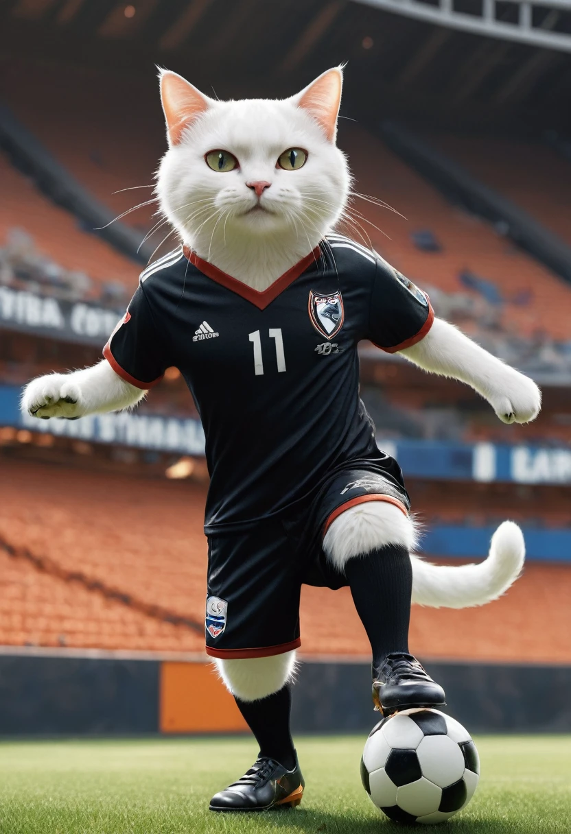 High resolution, high quality, masterpiece.Anthropomorphic cat wearing a soccer uniform, Kicking the ball., White cat, The background is a soccer stadium, Wearing spikes、Lots of details, Realistic, 4K, cinema, amazing, , Abstract Black Oil Painting, gear mecha, Detailed Acrylic, Grunge, intricate complexity, Rendered in Unreal Engine, photoRealistic Hyperdetalization. Hyperrealism. Dramatic Light.