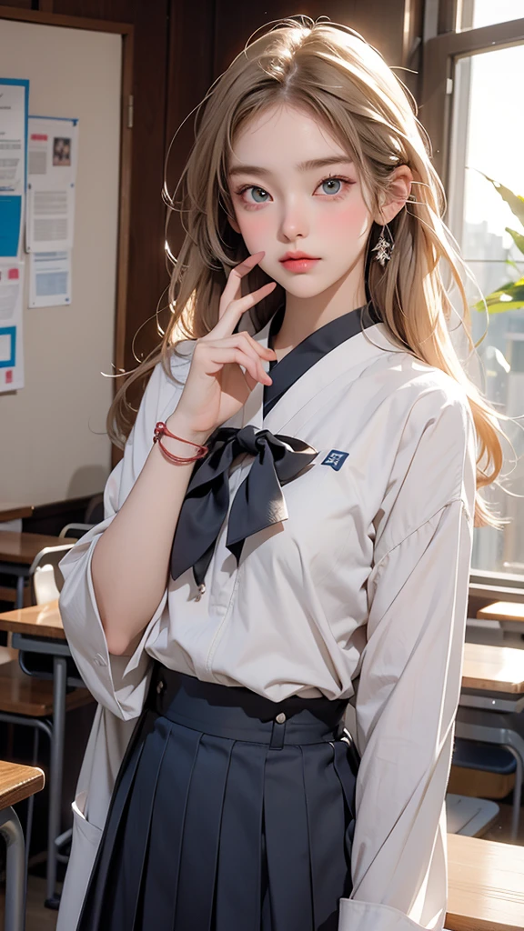 A beautiful high school girl who is half French and half Japanese、Anyway, her face is beautiful、Beautiful blue eye color、Beautiful long, straight, bright blonde hair、Please wear sailor uniforms, which are typical of Japanese school uniforms.。The background is a high school classroom、I have trouble with my mouth being frowned upon.。Please express your distress by placing your hands or fingers on your cheeks.。Please use a close-up of the upper body.。
