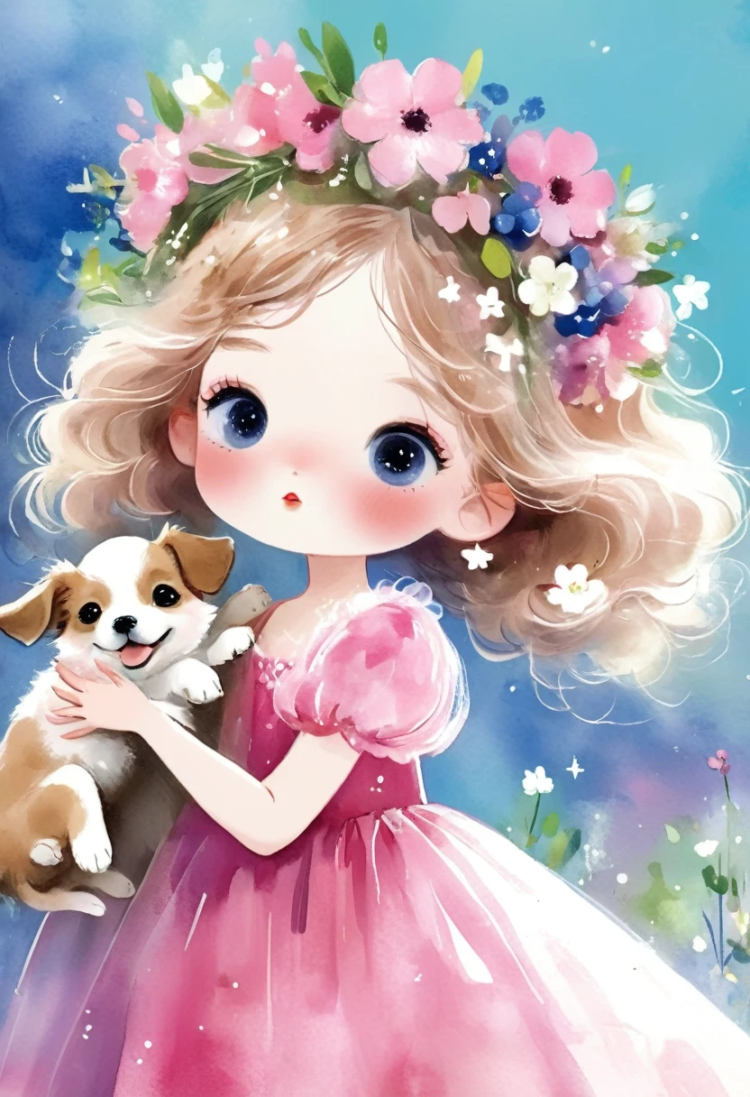 desenho aquarela, A in a pink dress and pink and white flower crown, holding flowers and a baby puppy, rough texture,Hand-drawn style, dreamy sky, nuvem, Star, Cabelo loiro, olhos azuis claros, gossamer, Illustration of a fairy tale, A masterpiece under bright Luz, fantastic art, Luz! A arte da magia, arte de conto de fadas, arte inspiradora, obras de arte requintadas