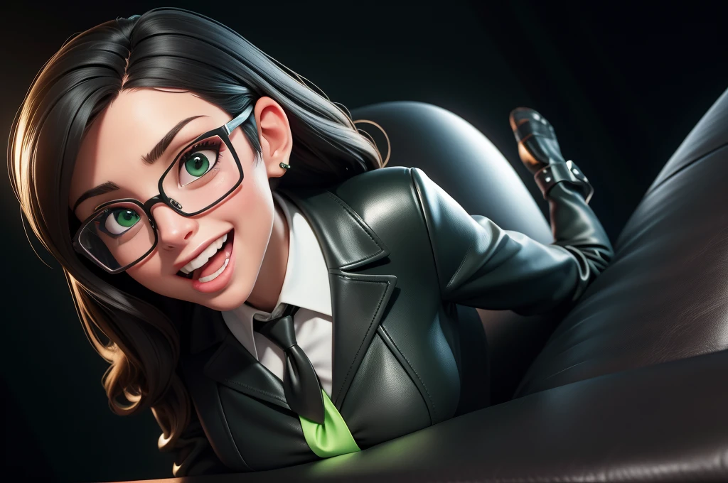 obra prima, melhor qualidade, (lauren boebert 70yo) big side smile, open mouth, licking lips, black medium length hair, black plastic glasses, pilot outfit, business blouse, necktie, (shiny bright green leather,) studs zippers, shiny leather gloves, body is skinny, laying back against couch cushion, arched back, grabbing cupping, overhead camera view, looking down at me, shallow depth of field, highres, HD, 8k, anatomically correct