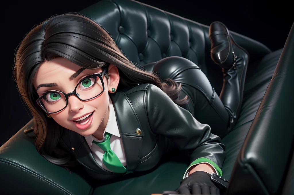 obra prima, melhor qualidade, (lauren boebert 70yo) big side smile, open mouth, licking lips, black medium length hair, black plastic glasses, pilot outfit, business blouse, necktie, (shiny bright green leather,) studs zippers, shiny leather gloves, body is skinny, laying back against couch cushion, arched back, grabbing cupping, overhead camera view, looking down at me, shallow depth of field, highres, HD, 8k, anatomically correct