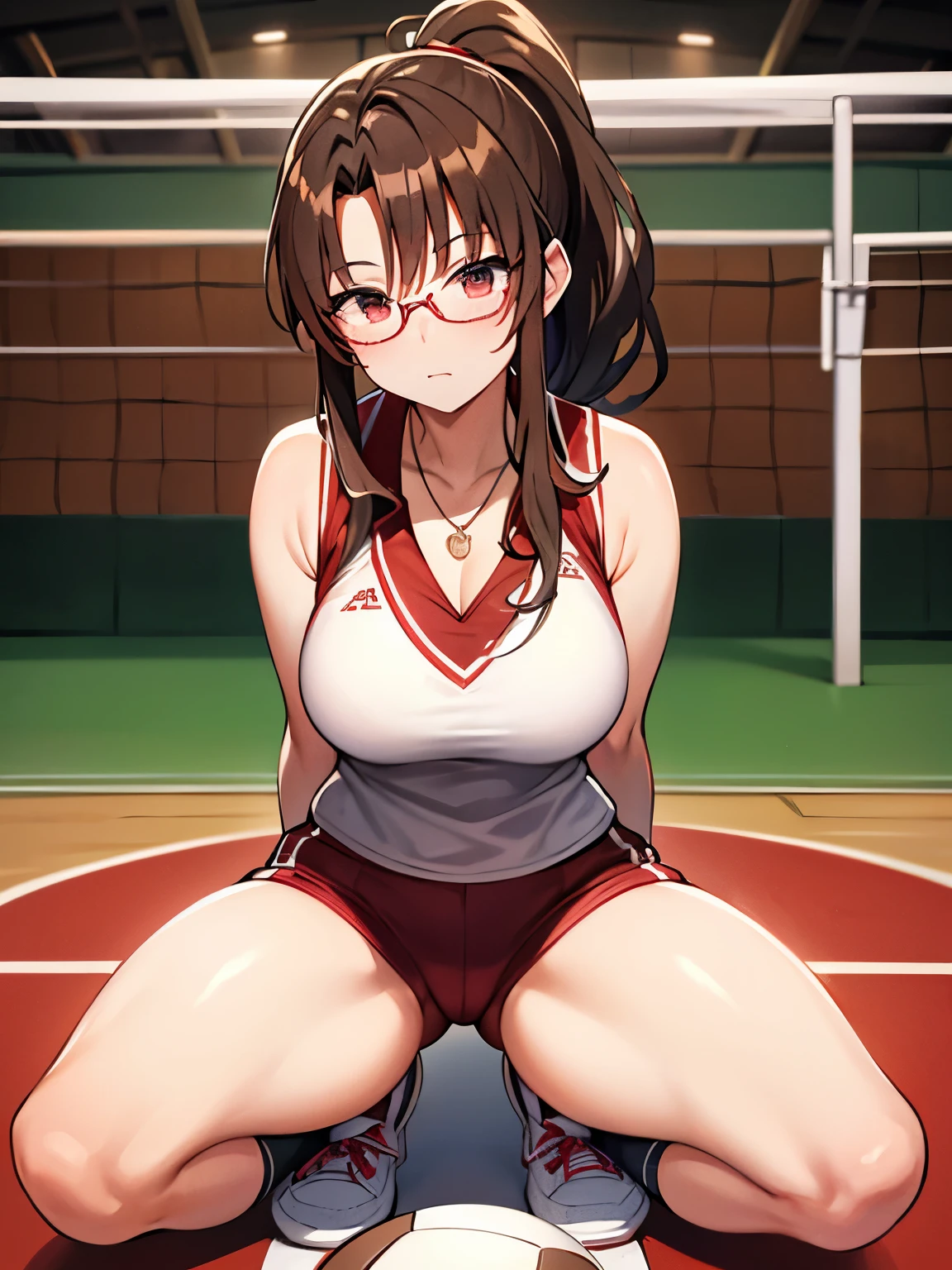 Brown ponytail、Huge boobs、Beautiful feet、Butt、Sports Necklace、Volleyball Uniforms Number 13 English letter logo White sleeveless Red shorts、Knee support black、Sit on the ground stretch、National Gymnasium Volleyball net、Embarrassed face、Date glasses、Indoor shoes、White loose socks、Wristband、Six-pack Six Pack Slender body