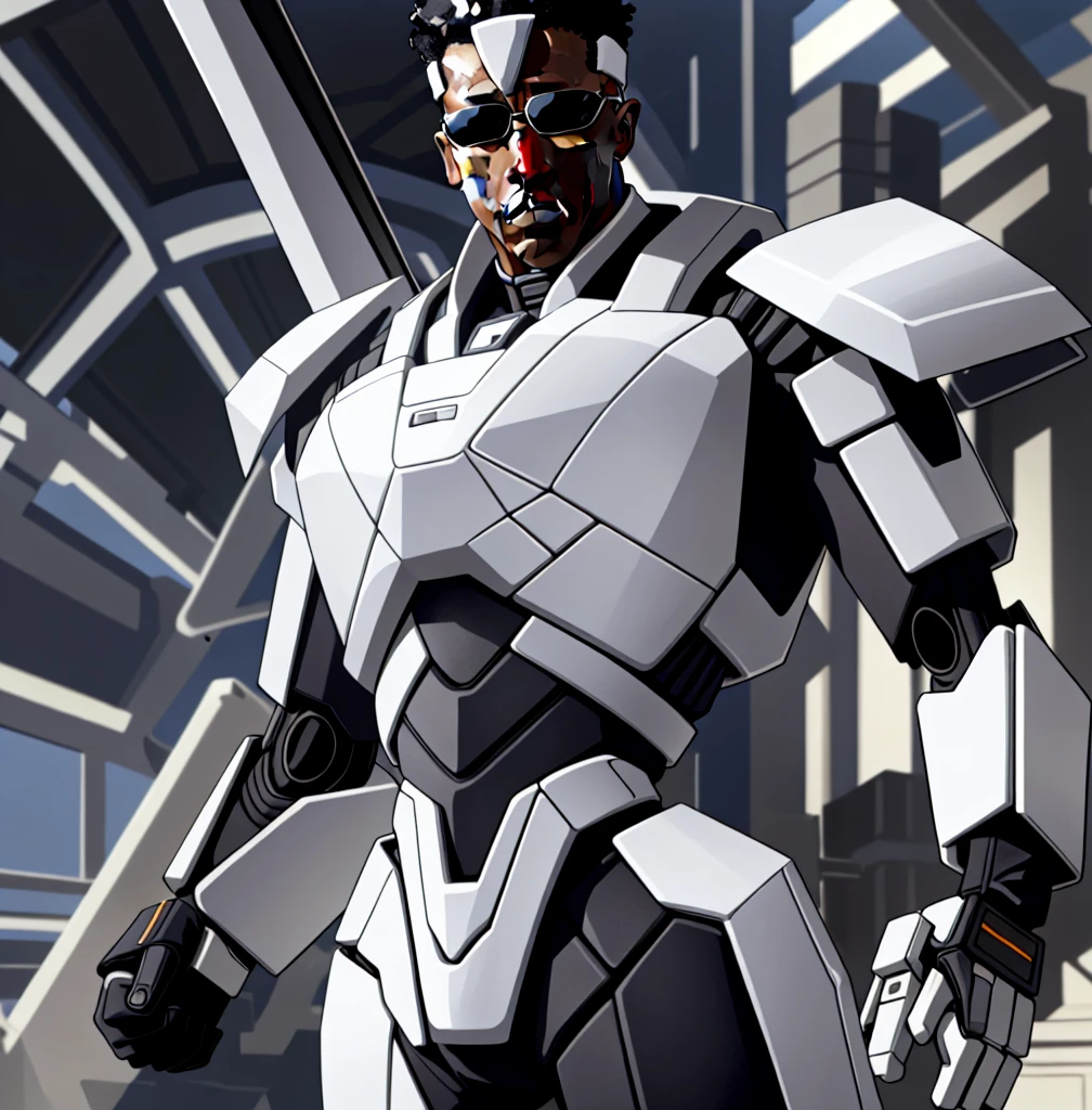 Wesley Snipes as Michael, the Right Hand of the Creator. Co-Leader of the Archangels, A crack squad of futuristic and highly technically advanced warriors. Ancient, but not old. Powerful, IN a white and black winged exo-mecha suit, tight fitting, open faced, with futuristic white shades on
