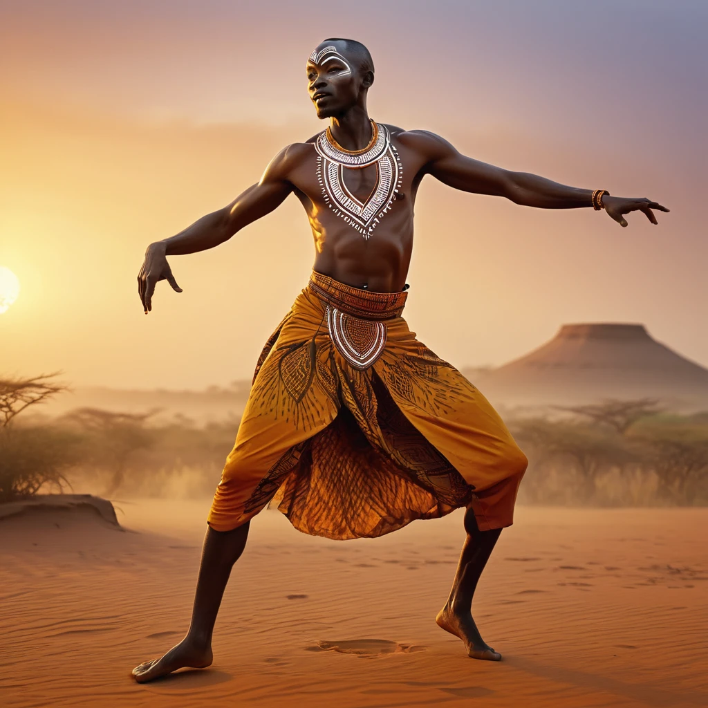 a slim african man dancing,full body,traditional african clothing,body painted with ochre,dynamic image,dawn landscape,cinematic,photorealistic,highly detailed,8k,masterpiece