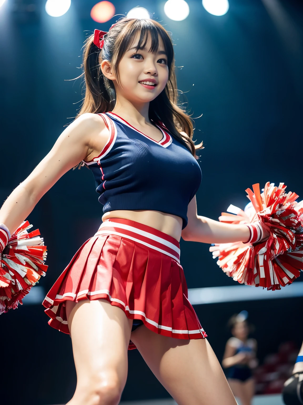 (Best-quality, Masterpiece, Ultra-High-Resolution, (Photorealistic:1.4), Raw Photo, depth of field, professional lighting, perfect anatomy, extremely details), ((from below):1.3), 1girl, the most famous Japanese idol, (((wearing cheerleading sleeveless-shirt, wearing cheerleading pleated-skirt over cheerleading panties))), (extremely cute face, ((extremely cute big-eyes)), extremely cute hair, ((extremely beautiful and extremely realistic skins))), extremely beautiful legs, dynamic pose, looking at viewer, innocent smile