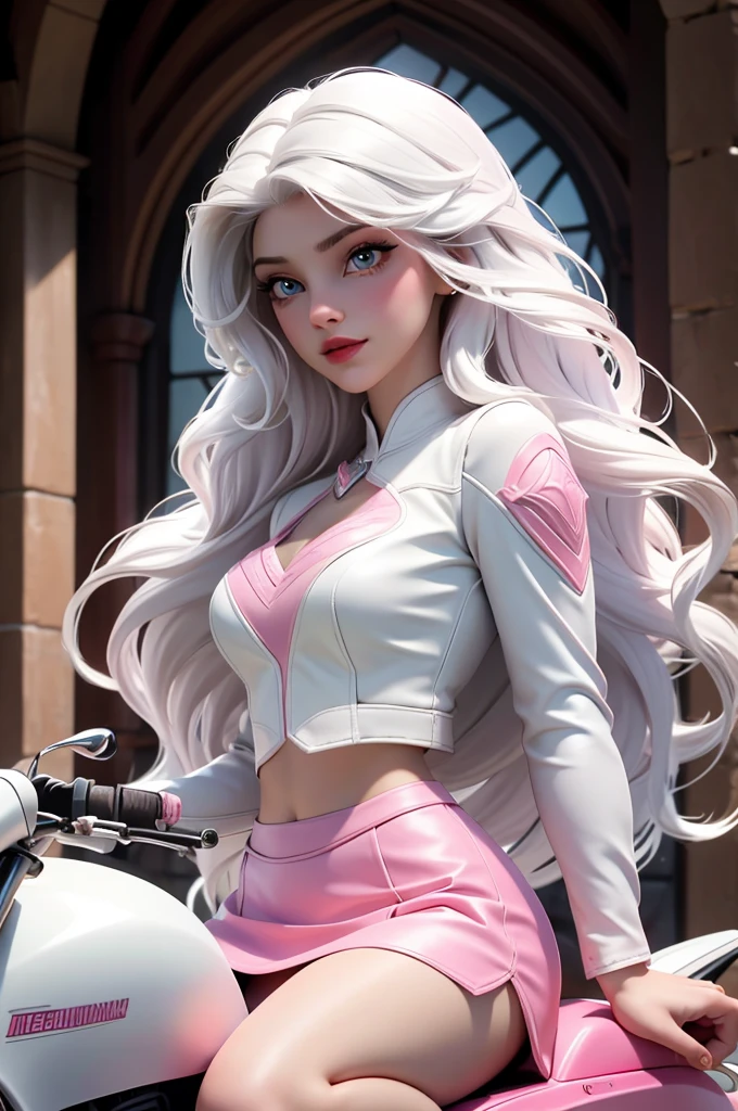 A beautiful girl with long hair,Wear a tight hip skirt,Wearing translucent grey,Riding a pink and white motorcycle,On the way to the medieval castle,Drinking water,One hand lifts white hair,Charming eyes,Well-proportioned figure,The chest is half bare