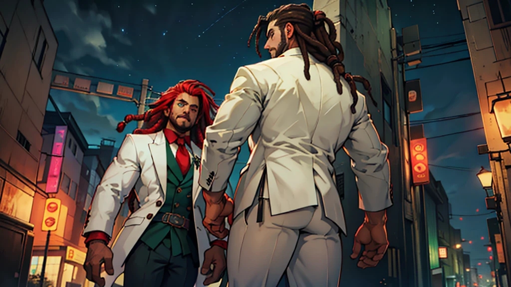 Character boy, Red Medium Dreadlocks hair, Light green eye, wearing white suit, night city, high res, ultarsharp, 8K, masterpiece, looking form behind