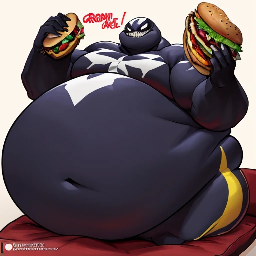 A fat, muscular, menacing looking (venom from marvel),, (pudgy, belly huge enormous:1.5), (can't stop growing , his body is growing heavier and fatter:1.5), (laying on cushion:1.2), (eating burger:1.2), 8k, 1080P, masterpiece