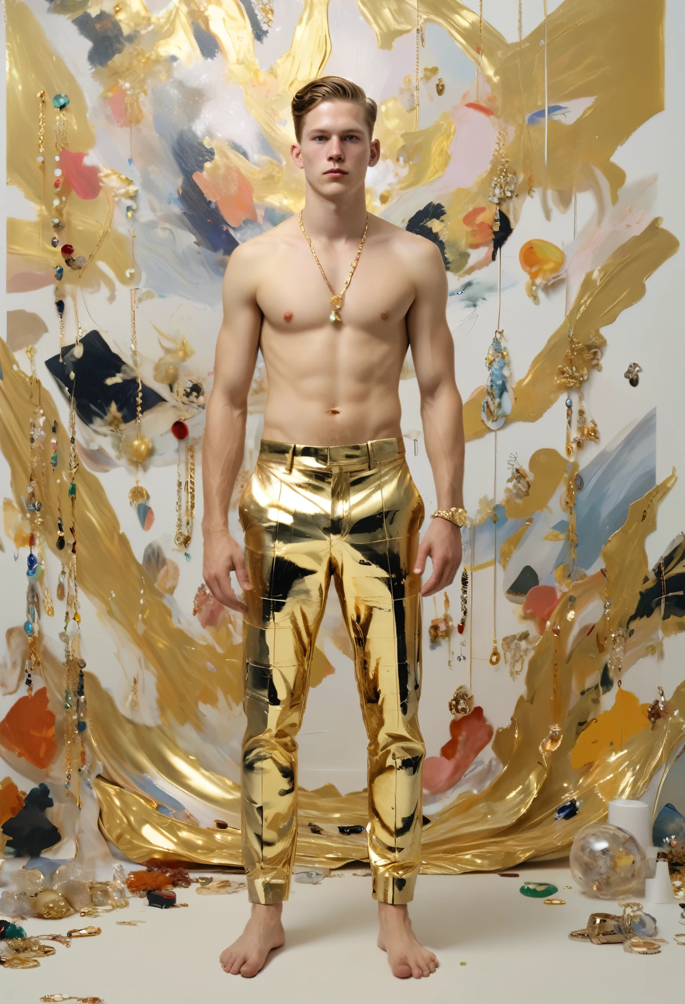 Sexy young male,Jewelry & Jewelry, topless, full-body shot, gold pants, Art Deco, Decorative Arts, byPetra Cortright, best quality, masterpiece, 8K