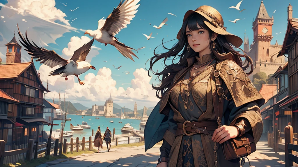 A girl with long black hair wearing black adventure clothing, walking along the dock road towards the city in a Medieval fantasy theme. (highest quality, 4K, High resolution, masterpiece:1.2), Super detailed, (Realistic:1.37)
Further details: The girl is carrying a leather bag, The map is sticking out. She is wearing a silver necklace with a dragon-shaped pendant.. Her outfit is adorned with intricate embroidery and metal buckles.. The wharf is full of old wooden boats and barrels., Seagulls flying overhead. The city walls and towers are visible in the distance, Lush Mountains々Against the backdrop of. (Medieval, fantasy themed:1.2)
Color Palette: Deep and rich earth tones, With gold and sapphire blue accents. (rich, Earth Colors)
Lighting: 雲間から差し込むWarm sunshine, Casting long shadows on the cobblestone road. (Warm sunshine, Dramatic Shadows)