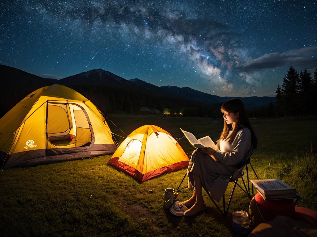 Camping alone、Woman sitting on a chair in front of a tent、reading、Ajillo、night、nature、Starry Sky