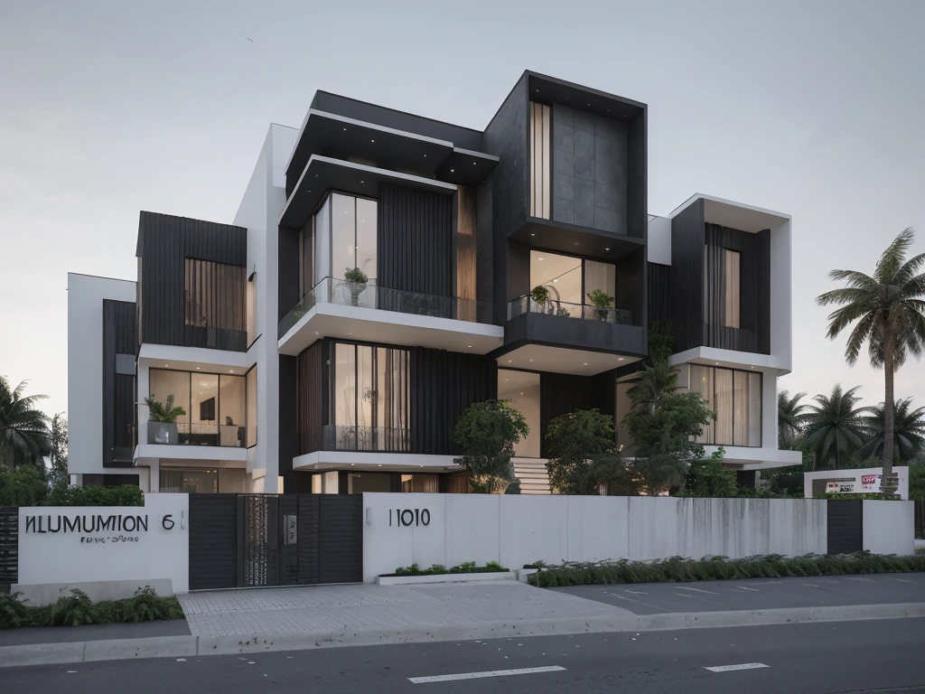 [modern Office house with a courtyard and 03 floors], high quality rendering, award-winning render, award winning render, Lumion render, professional render, architectural render, render to resolute perfection, exterior design, architectural visualization, architecture render, modern architecture design, inter dimensional villa, architectural 3d render, realistic CGI render, black and white color, dark color, wide 20m, deep 18m, heigh 11,5m, ([03 floors]), IOS 1600