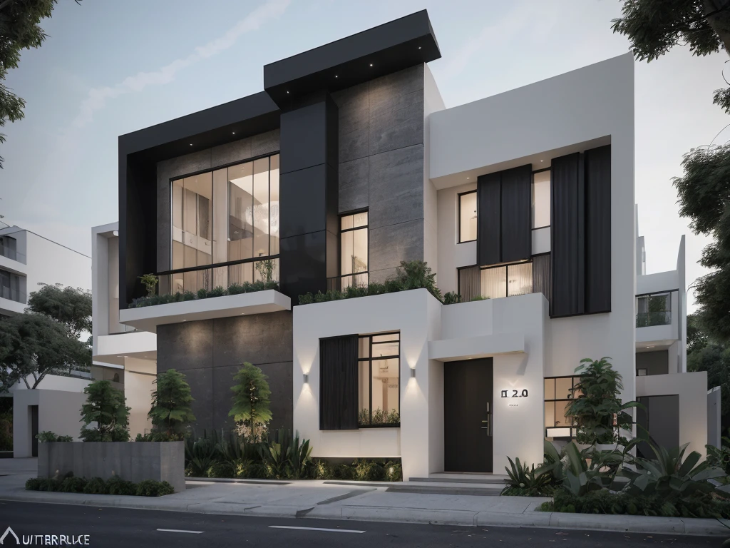 [modern Office house with a courtyard and 03 floors], high quality rendering, award-winning render, award winning render, Lumion render, professional render, architectural render, render to resolute perfection, exterior design, architectural visualization, architecture render, modern architecture design, inter dimensional villa, architectural 3d render, realistic CGI render, black and white color, dark color, wide 20m, deep 18m, heigh 11,5m, ([03 floors]), IOS 1600